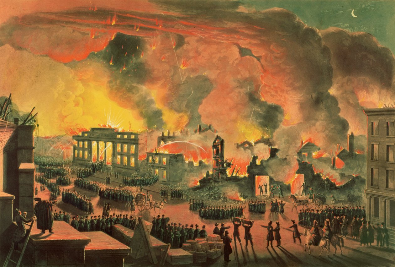 Vy över den stora branden i New York, 16-17 december 1835, graverad av William James Bennett (1787-1844) (färgstick) av Nicolino Calyo