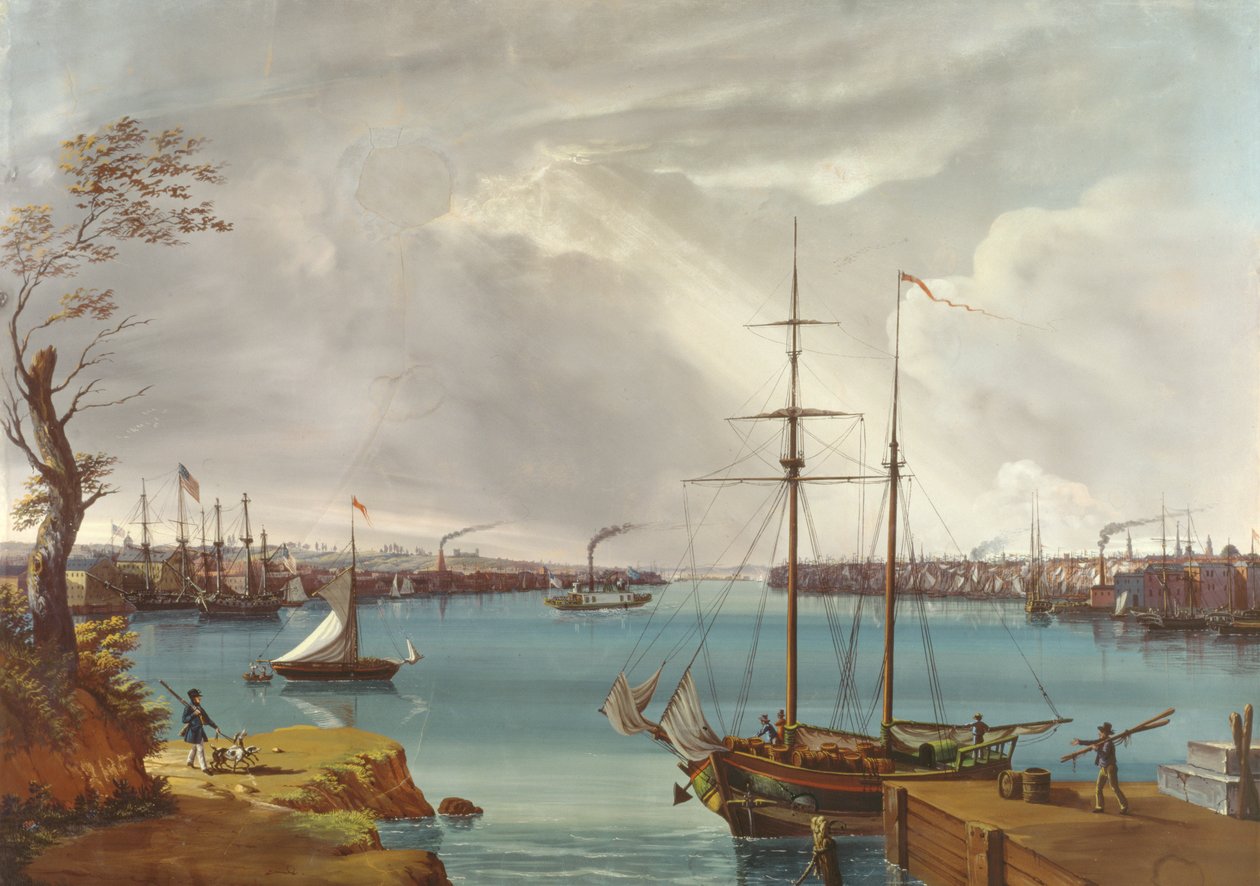 Utsikt över New York, Brooklyn och Navy Yard tagen från Heights nära Williamsburg, ca 1835-45 (gouache, wc på papper) av Nicolino Calyo
