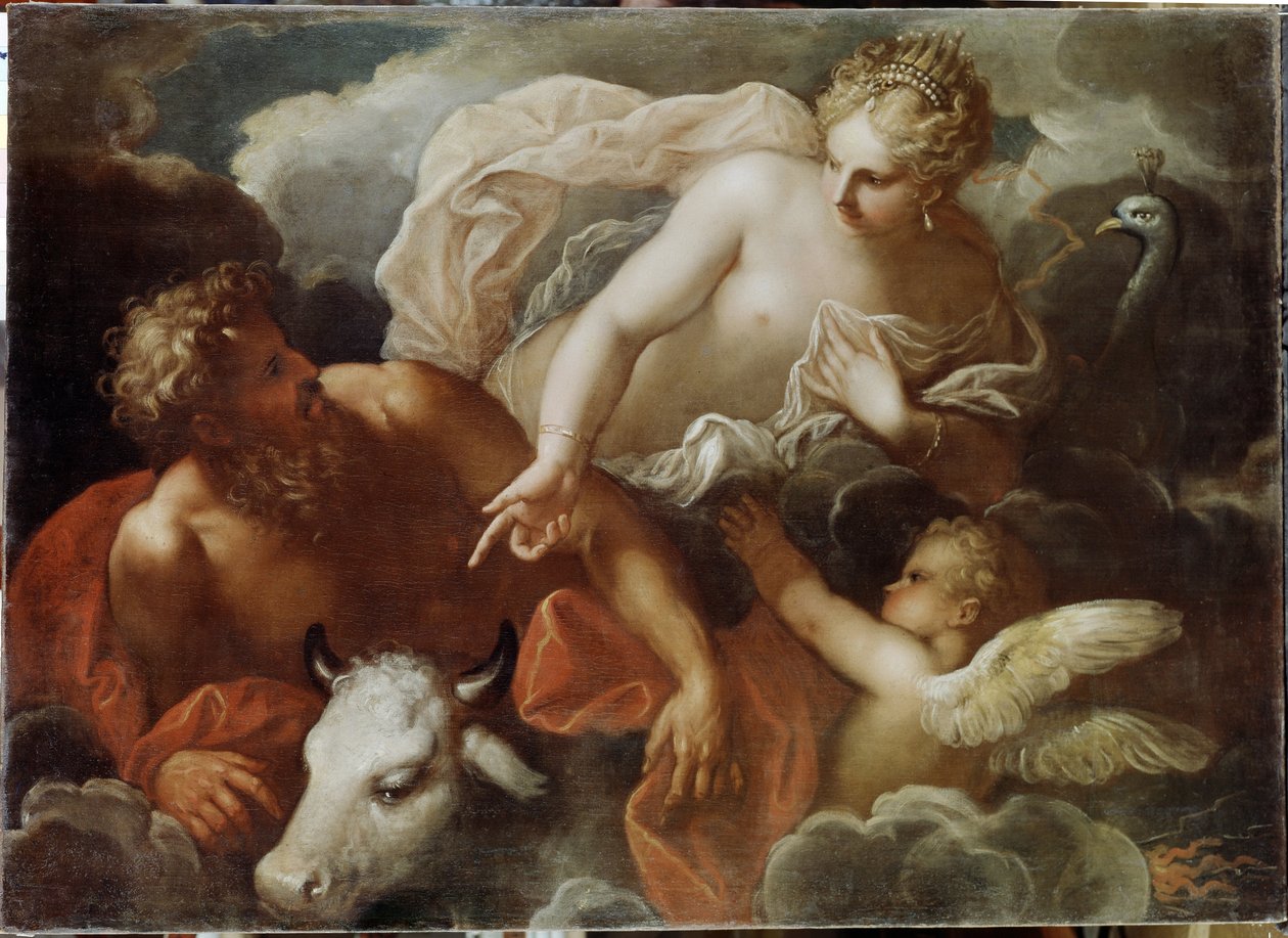 Jupiter, Juno och Io (Jupiter, Juno och Io) - Målning av Niccolo (Nicolo) Bambini (1651-1736), olja på duk, sent 1600-tal - Venetiansk konst av Nicolo Bambini