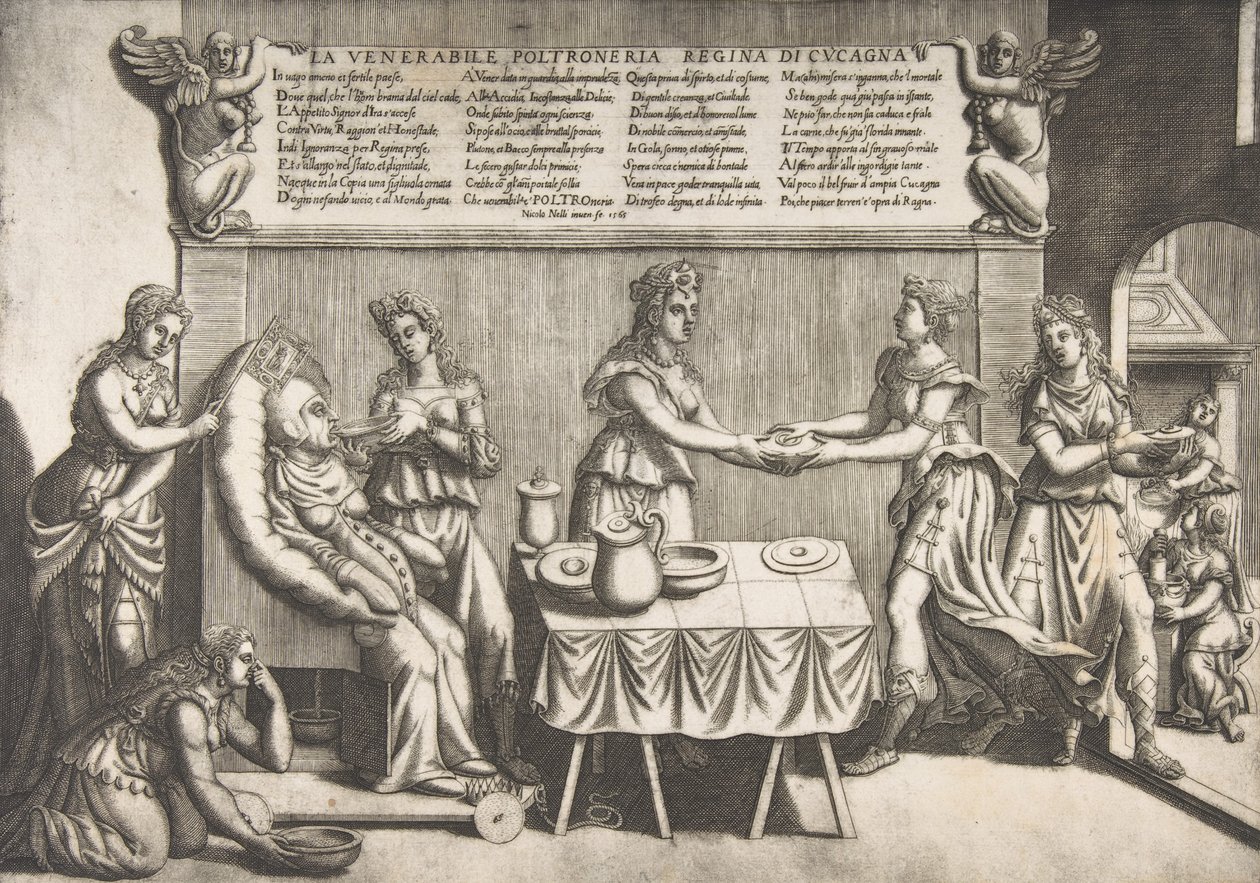 Vördade Idleness, Queen of Cockaigne, en tjock kvinna sittande på en rörlig toalettstol som..., 1565. av Nicolo Nelli