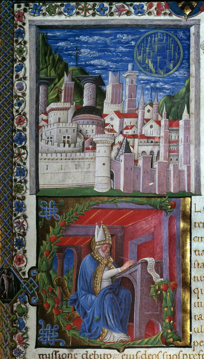 Saint Augustine Writing Miniature av Nicolo Polani hämtad från "" De civitate dei"" (Guds stad) av Saint Augustine of Hippo (354-430). 1459. Paris, Bibliotheque sainte Genevieve av Nicolo Polani