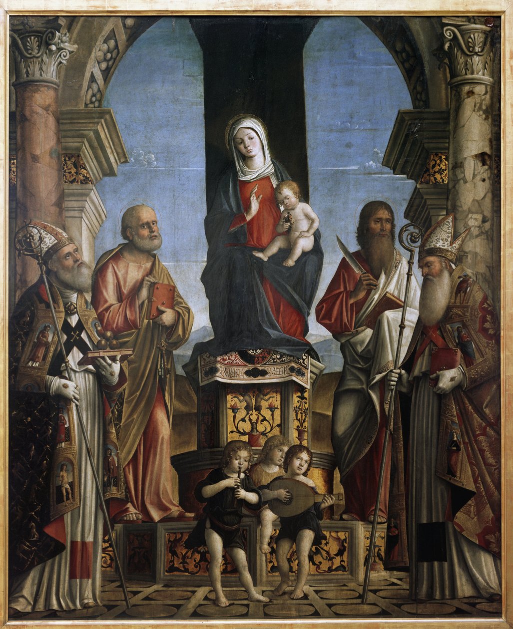Jungfrun och barnet på tronen med St Nicholas, St Peter, St Barthelemy och St Augustine (olja på duk av Nicolo Rondinelli
