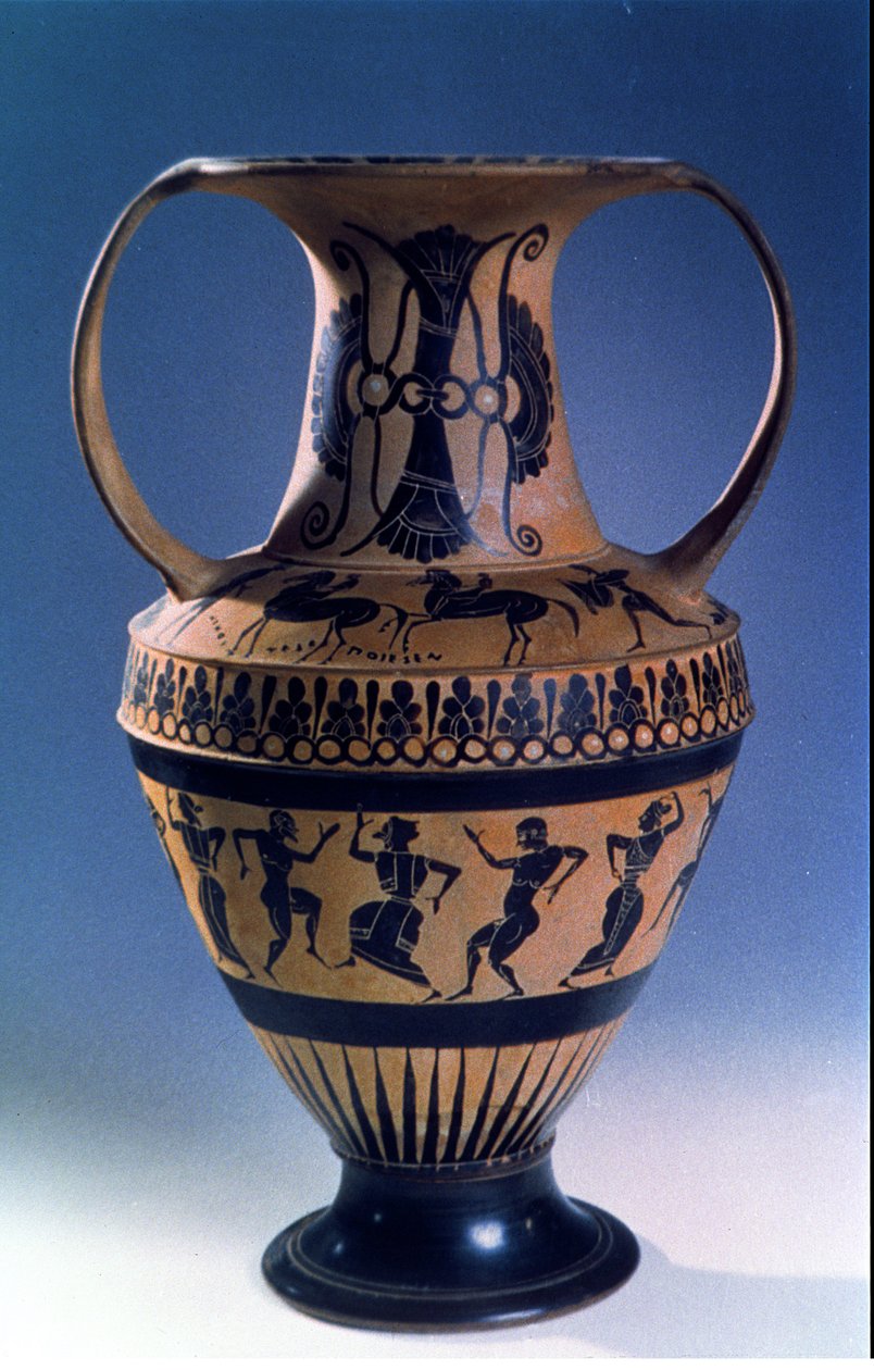 Attic svart figur amfora föreställande dansare, ca 535-38 BC (lergods) av Nicosthenes