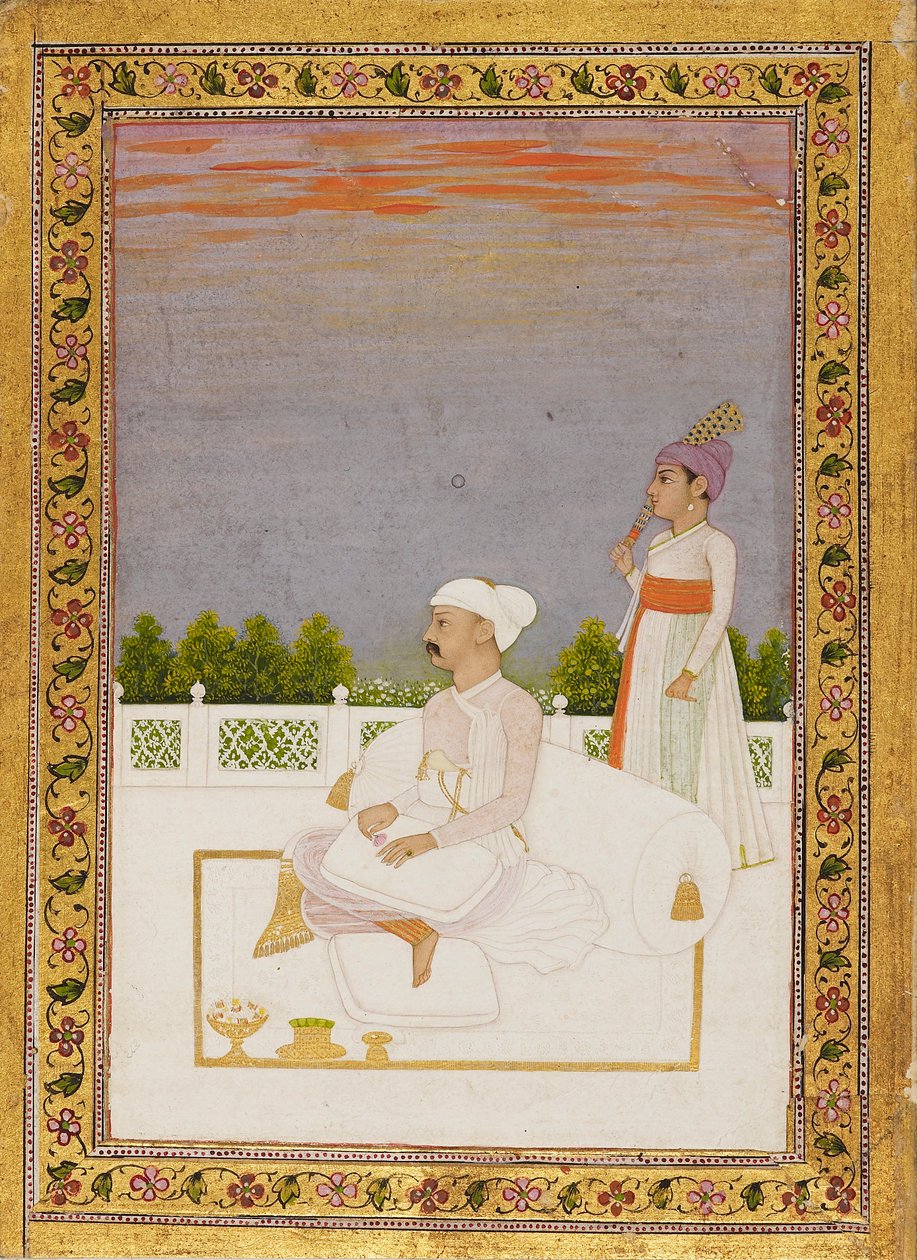 Adelsman, möjligen Mir Qasim, sittande på en terrass med åtföljande, 1700-tal av Nidhama