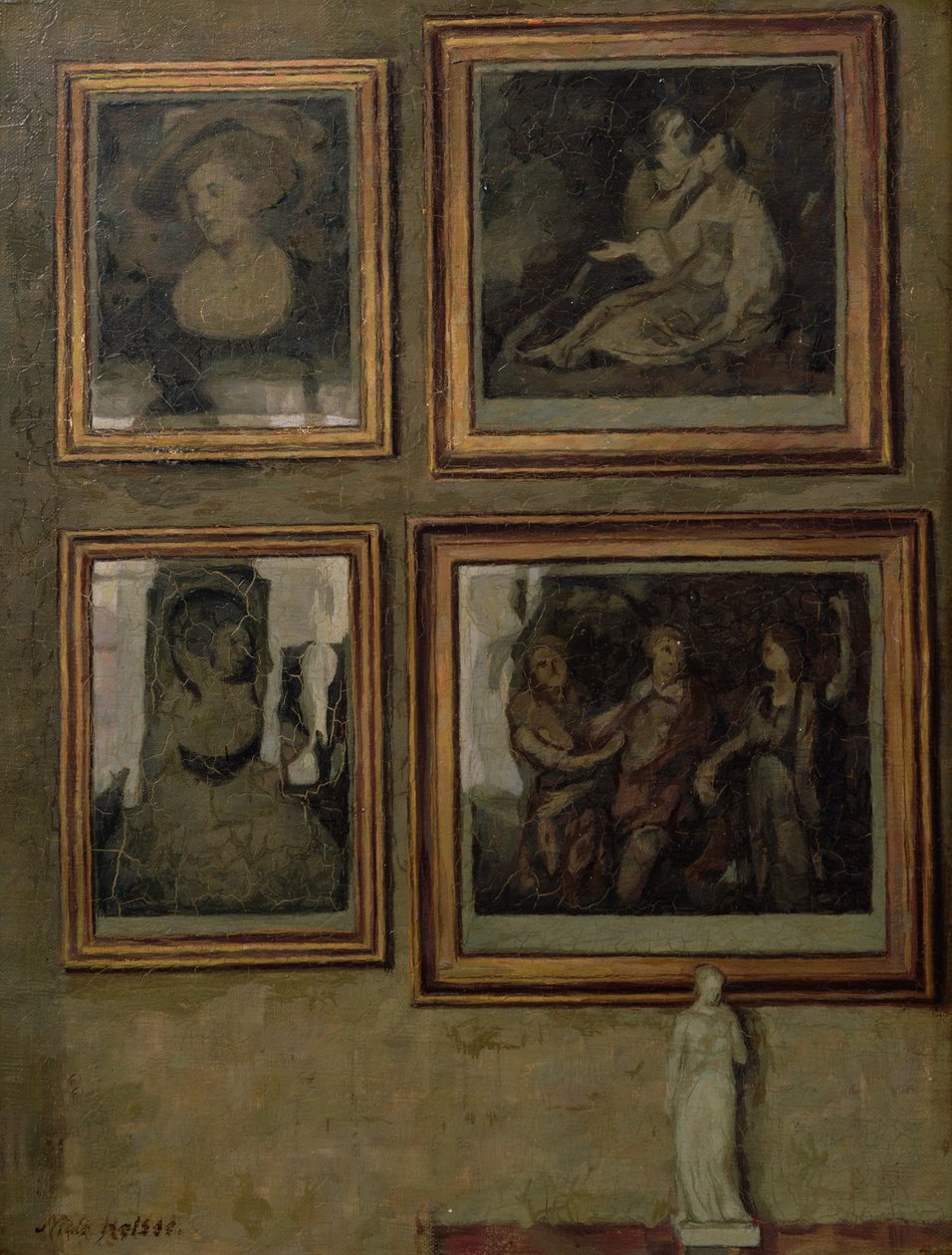 Interiör med målningar och en figur av Niels Holsoe