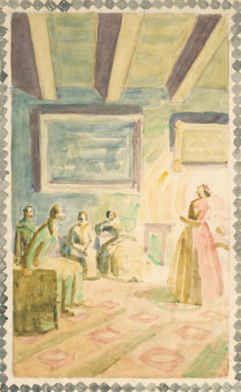 Jenny Lind sjunger i Weimar för storhertigens familj och H.C. Andersen. Utkast till freskdekorationer i H.C. Andersen Minneshall i Odense av Niels Larsen Stevns