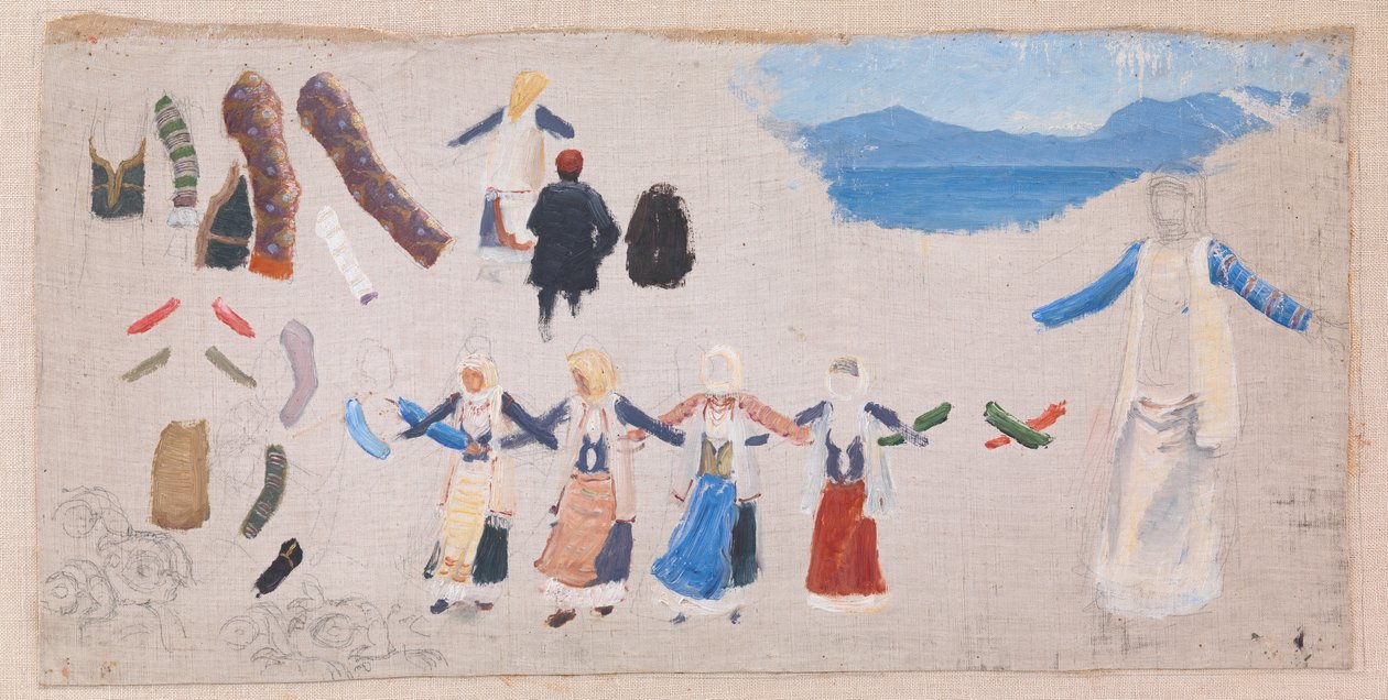 Dansande kvinnor, kostymdetaljer och ett landskap av Niels Skovgaard
