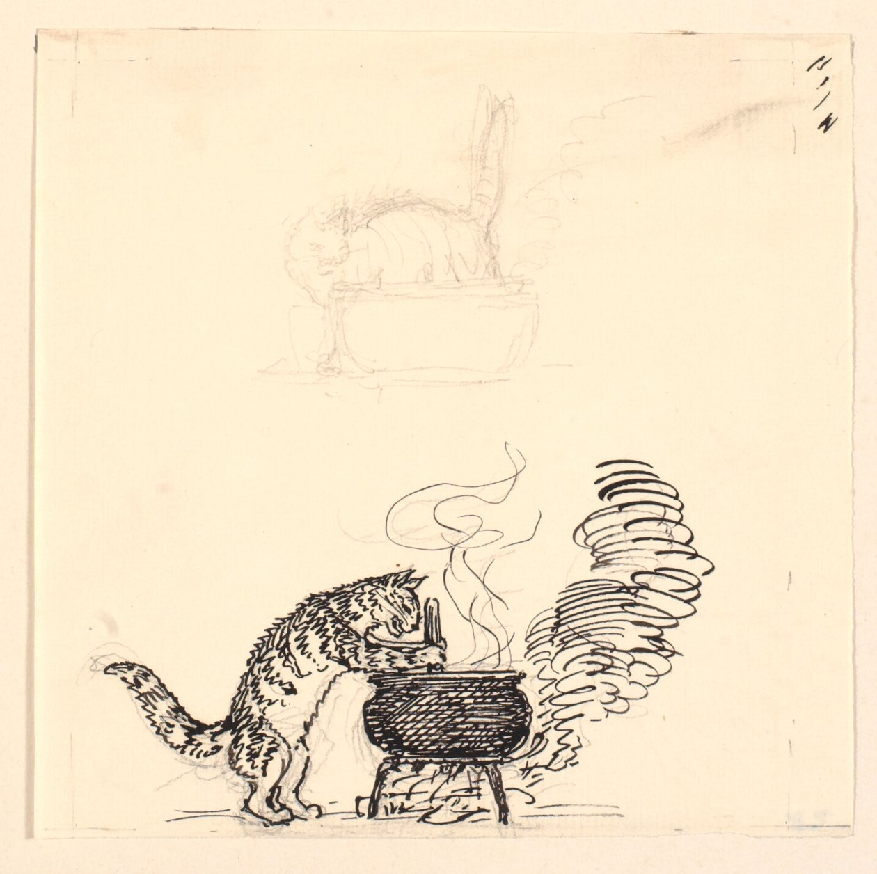 Illustration för "Den feta katten" och skiss av Niels Skovgaard