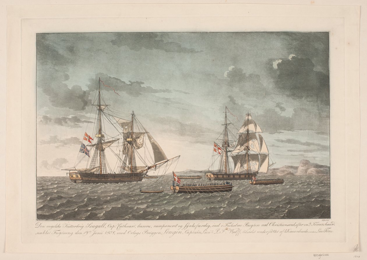 Den engelska kutterbrigen Seagull efter slaget med briggen Lougen, 19 juni 1808 av Niels Truslew