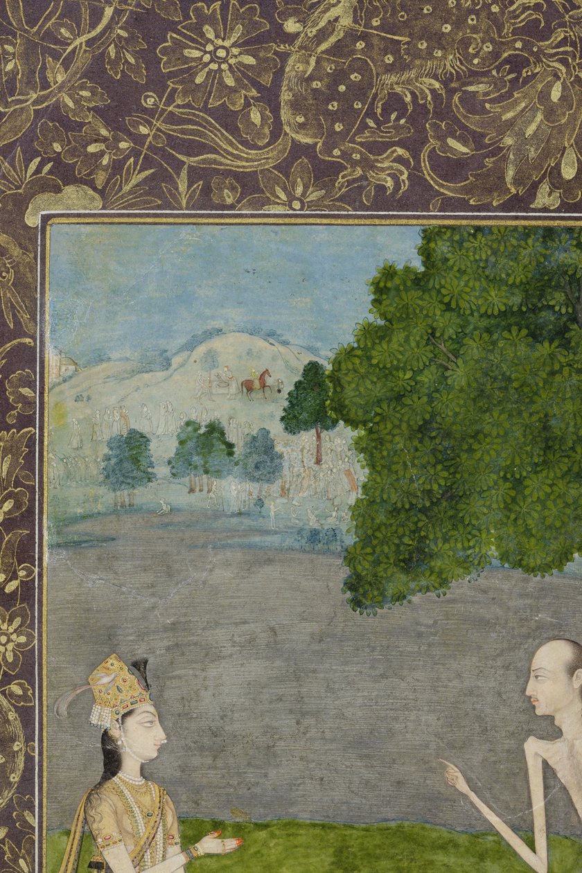 Laila och Majnun samtalar under ett träd, detalj, ca 1730 (ogenomskinlig wc och guld på papper) av Nihal Chand