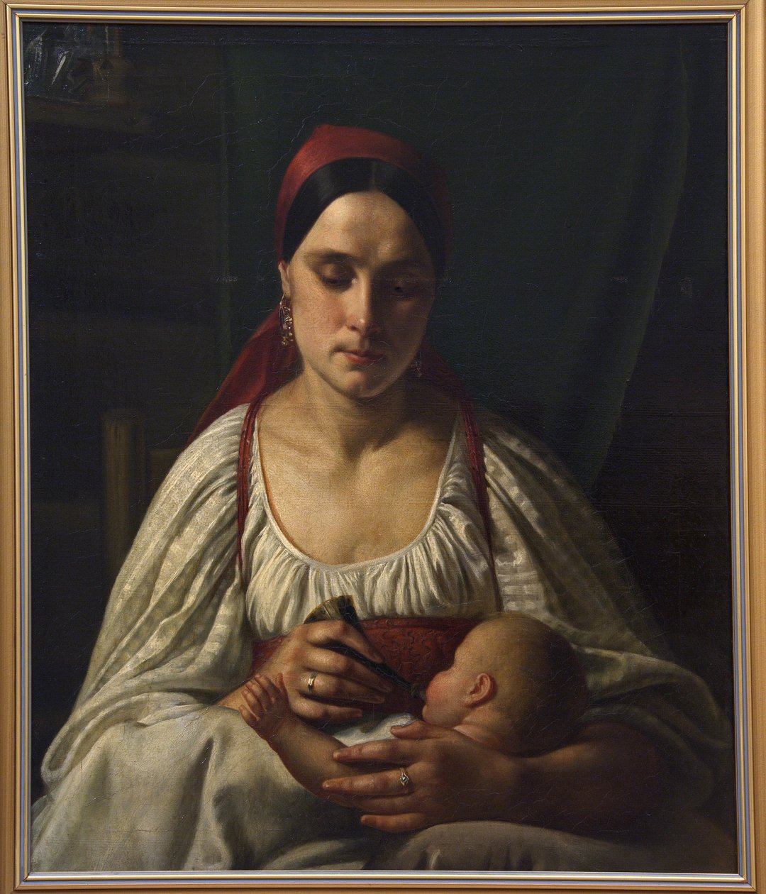 Rysk bondekvinna som matar sitt barn med ett kohorn. (Rysk bondekvinna som matar sitt barn från ett kohorn). Målning av Nikifor Stepanovich Krylov (Krilov) (1802-1831), olja på duk av Nikifor Stepanovich Krylov