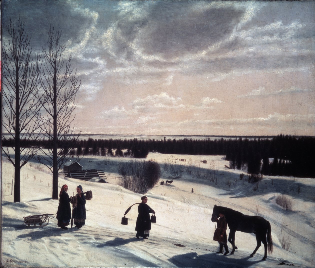 Vinterscen, rysk vinter (Vinterscen, rysk vinter). Beskrivning av ett snölandskap i kvällsljuset, med figurer på vägen: en leder en häst och kvinnor, ett lass med hinkar och två andra pratar nära en släde. pei av Nikifor Stepanovich Krylov