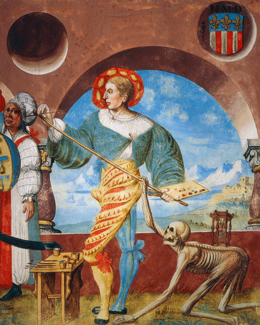 Death pulling pensel från målare, detalj av Death, group of hedningar och målare från Dance of Death-cykeln av Albrecht Kauw av Niklaus Manuel