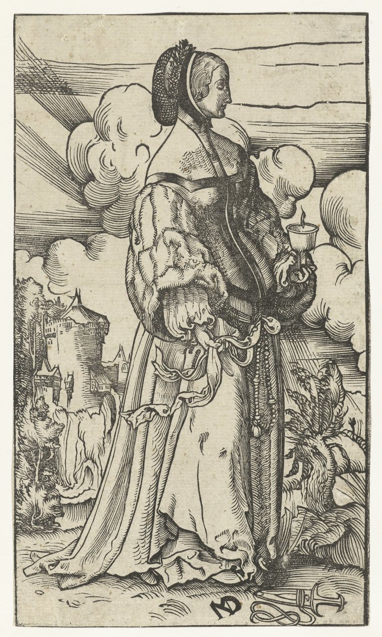 Vis jungfru med brinnande oljelampa i landskap Five Wise and Five Foolish Virgins (serietitel) av Niklaus Manuel Deutsch