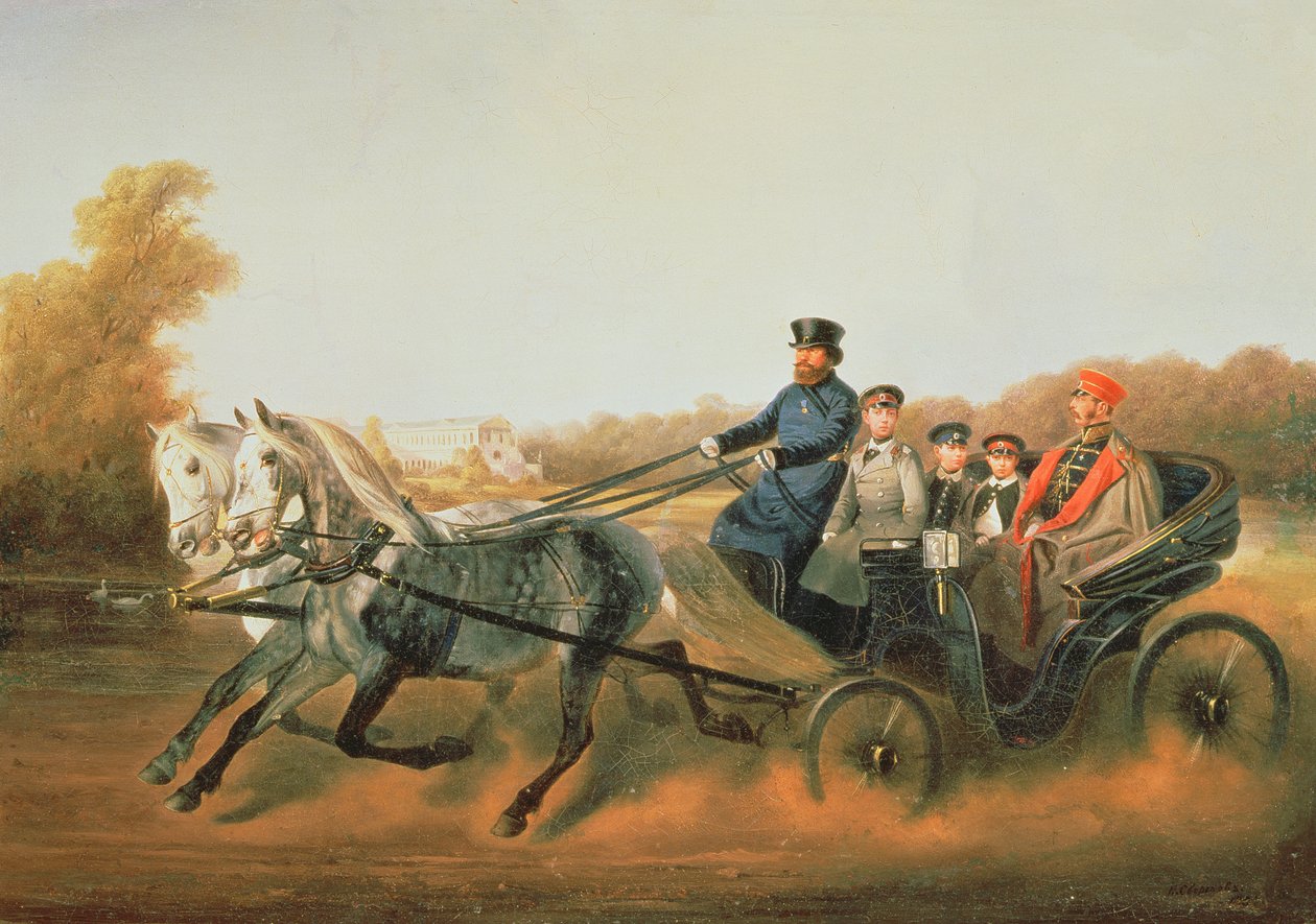 Tsar Alexander II (1818-81) Akiendesha gari na Wanawe huko Zarskoje Selo, 1850s swed av Nikolai Egorevich Sverchkov
