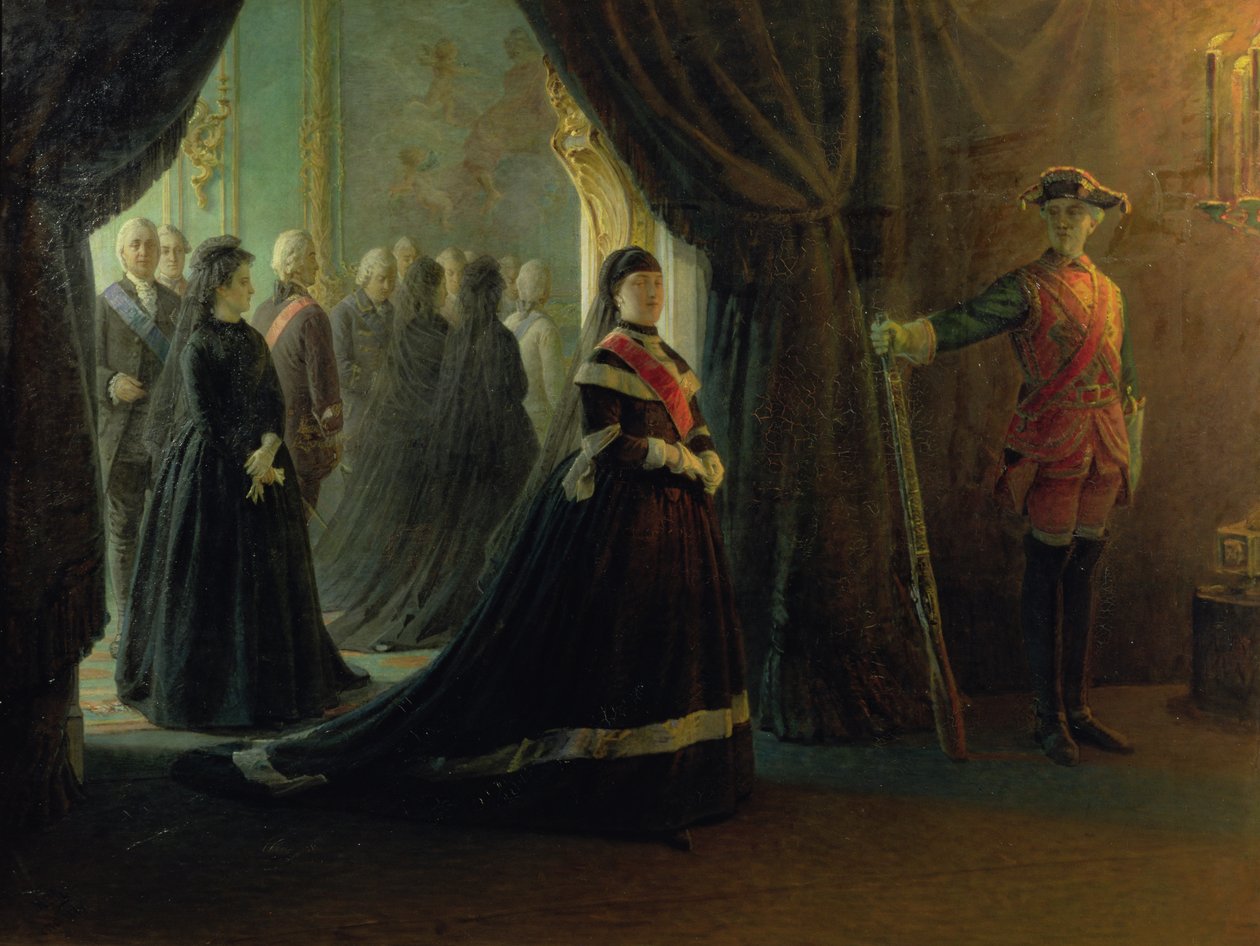 Katarina II (1729-96) vid kejsarinnan Elizabeths kista (1709-61), 1874 av Nikolai Nikolajevitch Gay