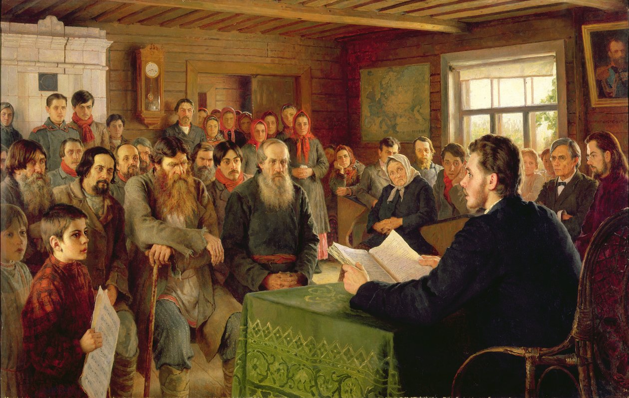 Söndagsläsning på en landsbygdsskola, 1895 av Nikolai Petrovich Bogdanov Belsky