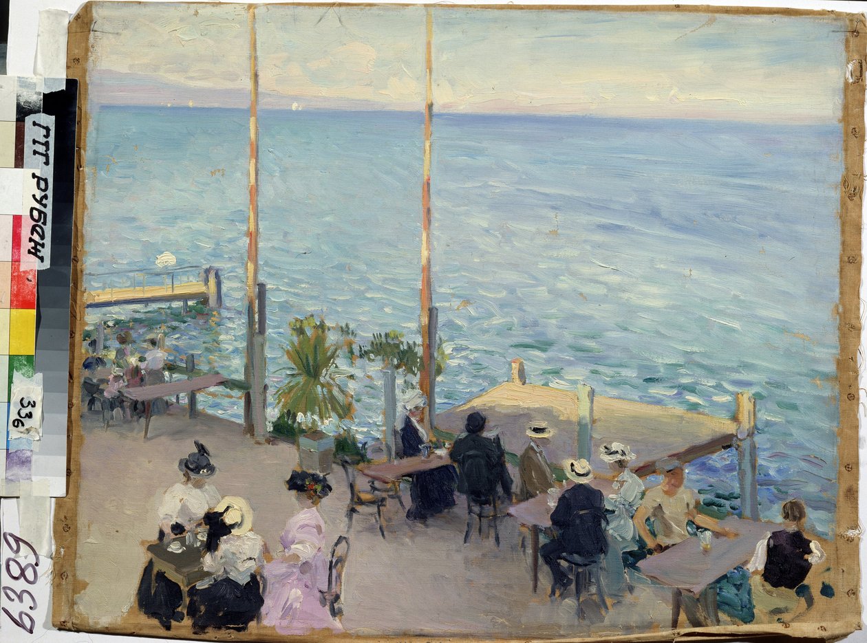 Genèvesjön, Genève (Schweiz), café. (Genèvesjön. Café). Målare av Nikolai Alexandrovich Klodt (1865-1918), olja på duk av Nikolai Alexandrovich Klodt