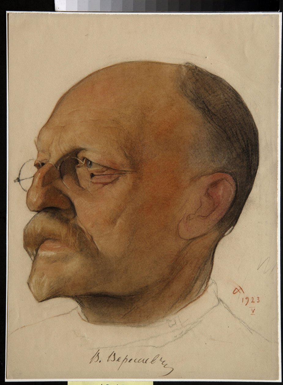 Porträtt av Vikenti Vikentyevich Smidovitch, dit Vikenti Veressaiev (1867-1945), rysk läkare och författare (Vikenty Vikentyevich Veresaev) - Teckning av Nikolai Andreevich Andreev (1873-1932) sangvin och kritor på papper (32,5x24 cm) av Nikolai Andreevich Andreev