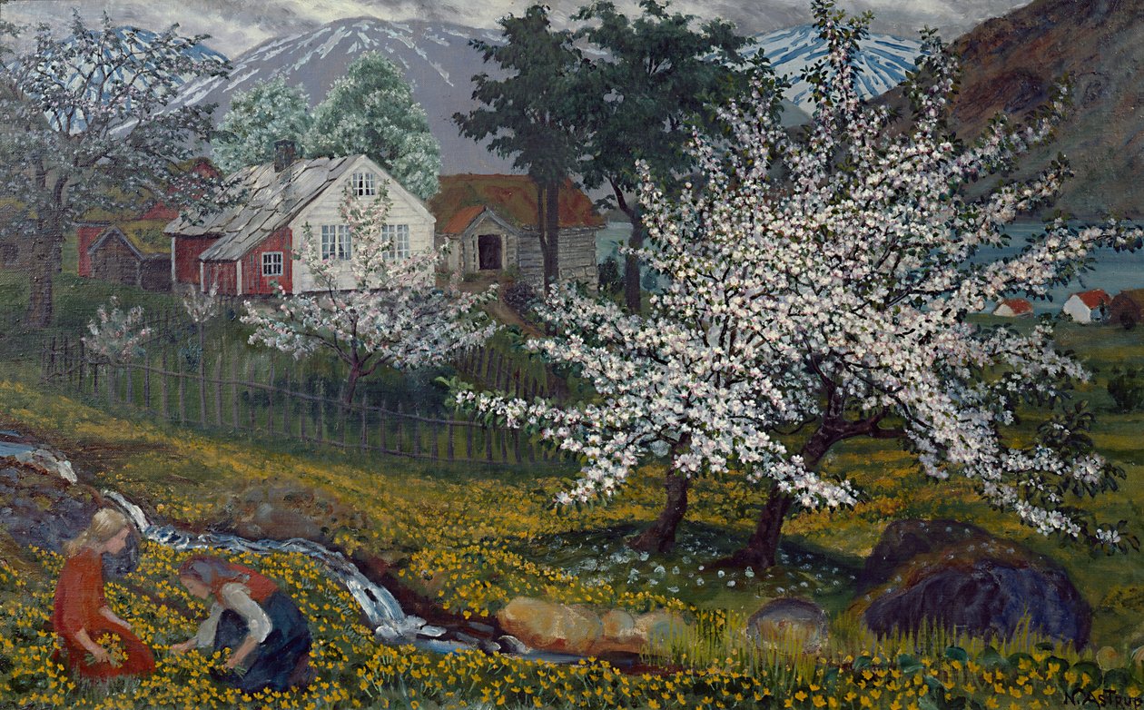 Blossoming Apple Tree, Strømsbo Farm, ca 1912 (olja på duk) av Nikolai Astrup
