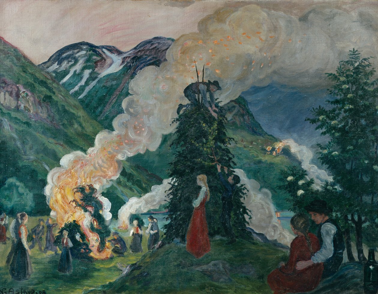 Bygger upp den stora midsommarbrasan av Nikolai Astrup