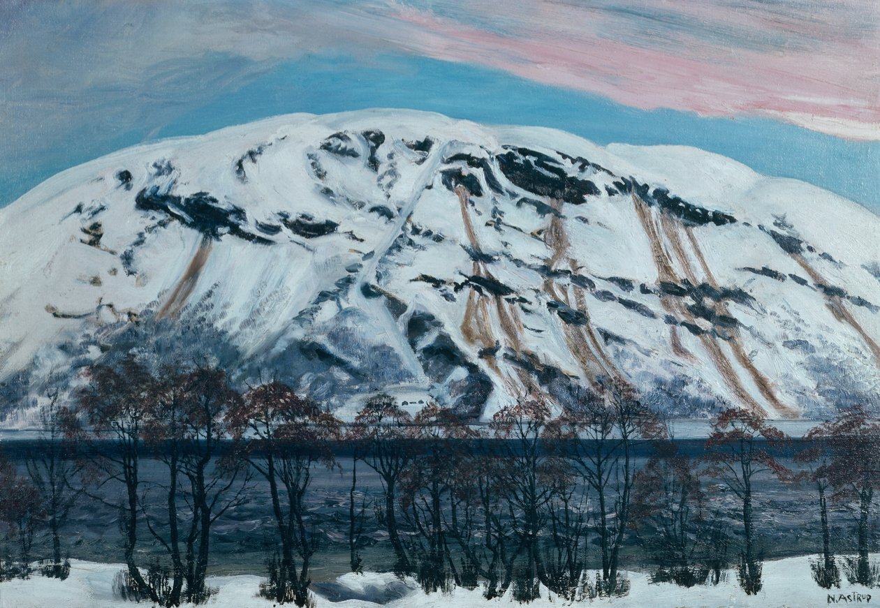 Kall aprilmorgon med lavin (Snöberget), c.1909 av Nikolai Astrup