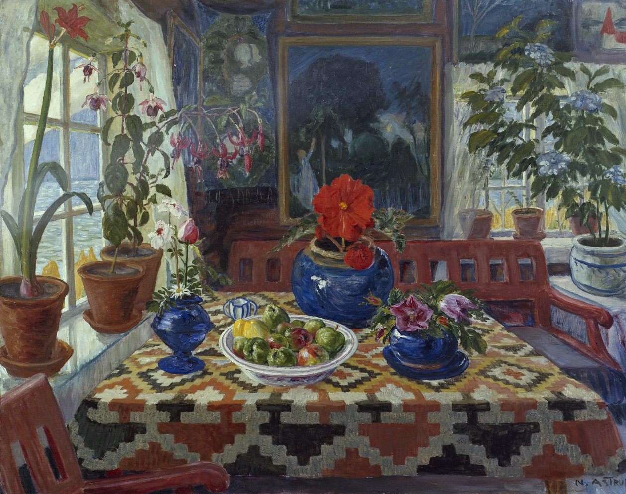 Interiör med en stor blå kruka av Nikolai Astrup