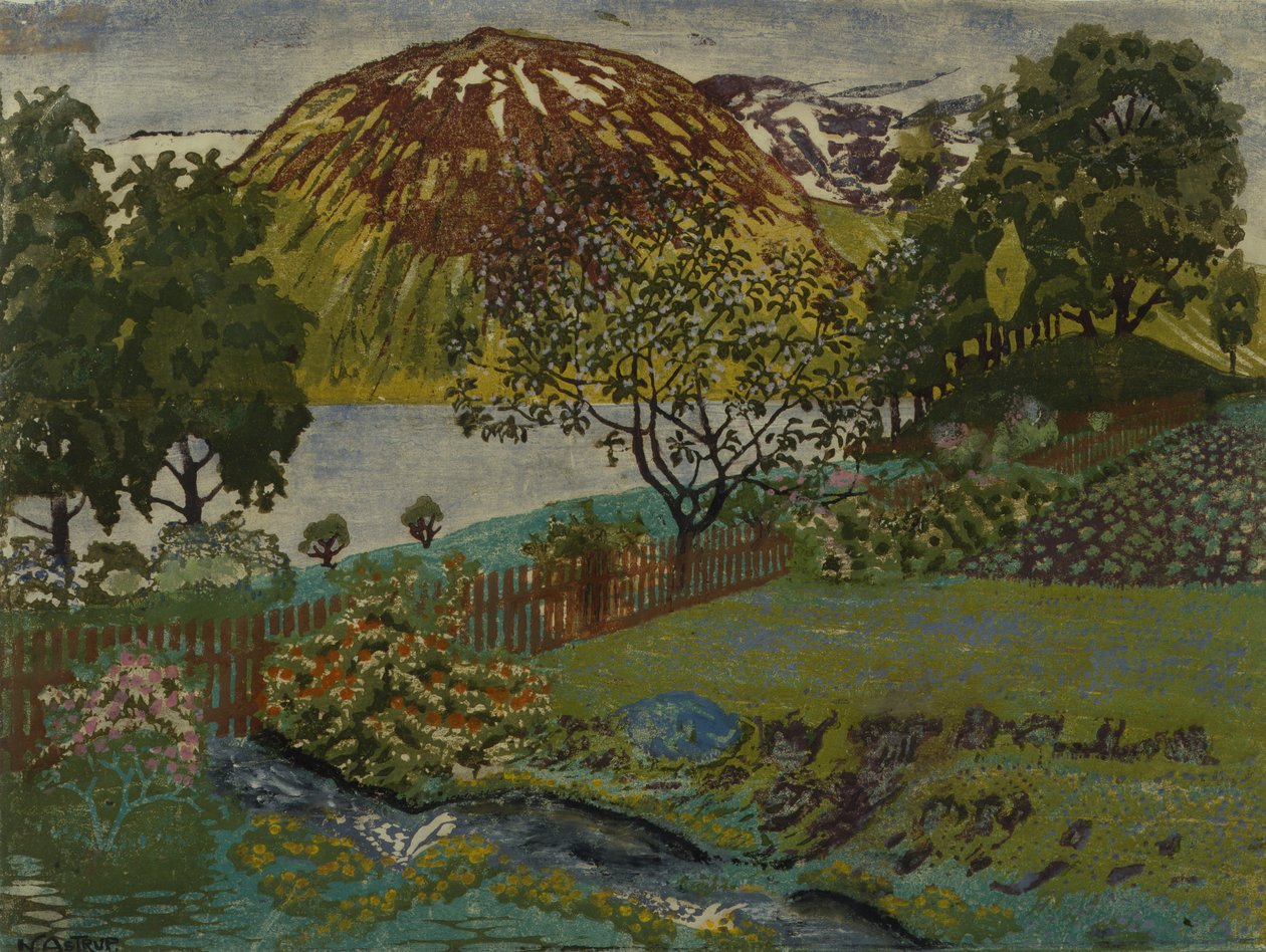 Juninatt i trädgården (olja på duk) av Nikolai Astrup
