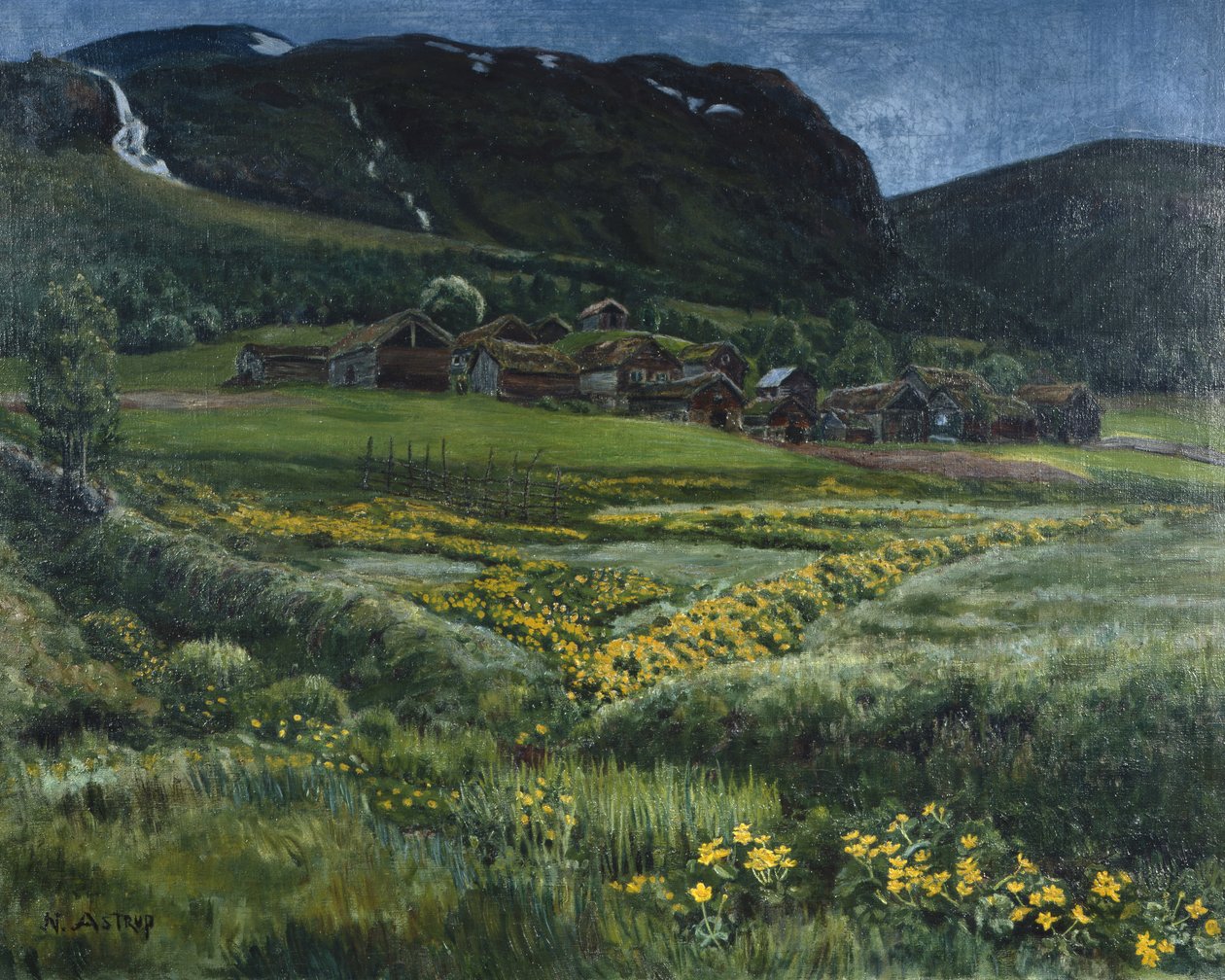 Juninatt och gamla västnorska gården (olja på duk) av Nikolai Astrup