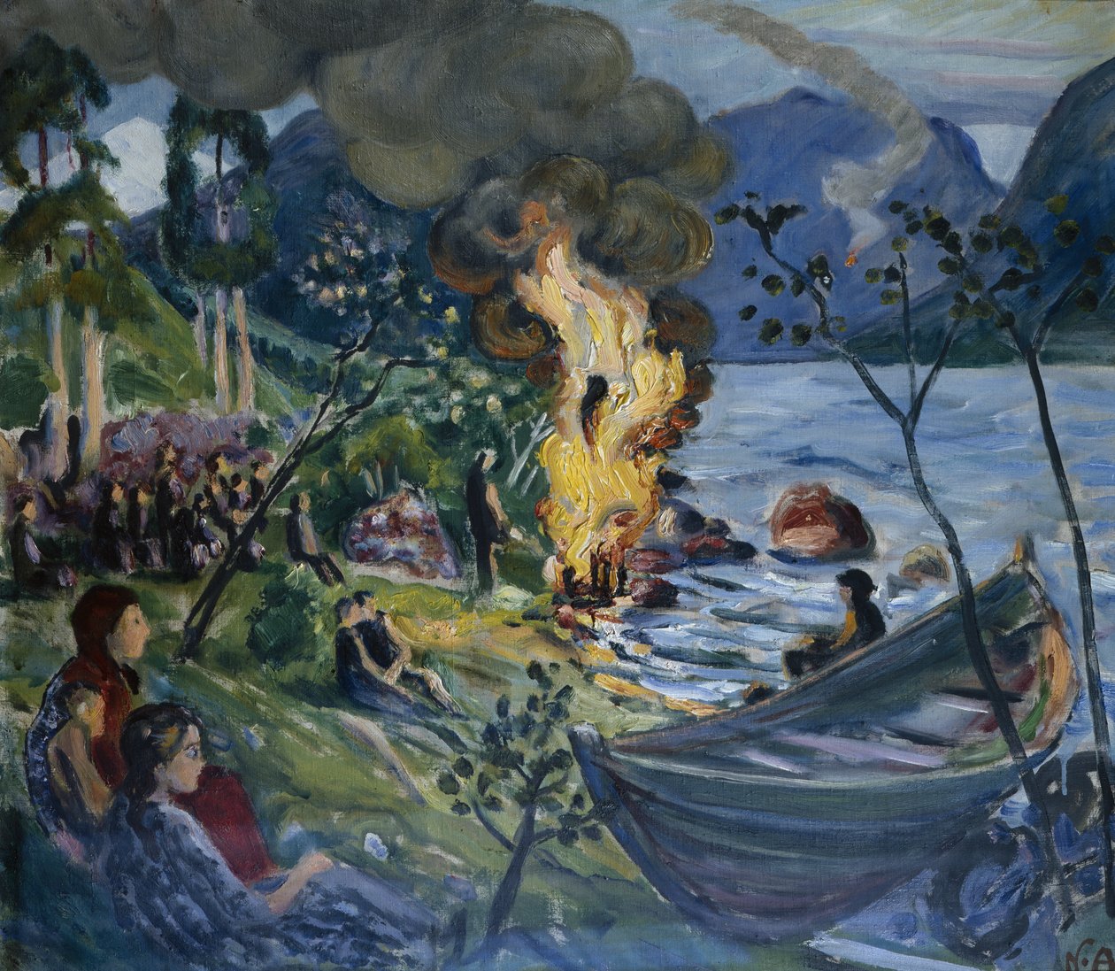 Midsommareld vid Jølster vatten (olja på duk) av Nikolai Astrup