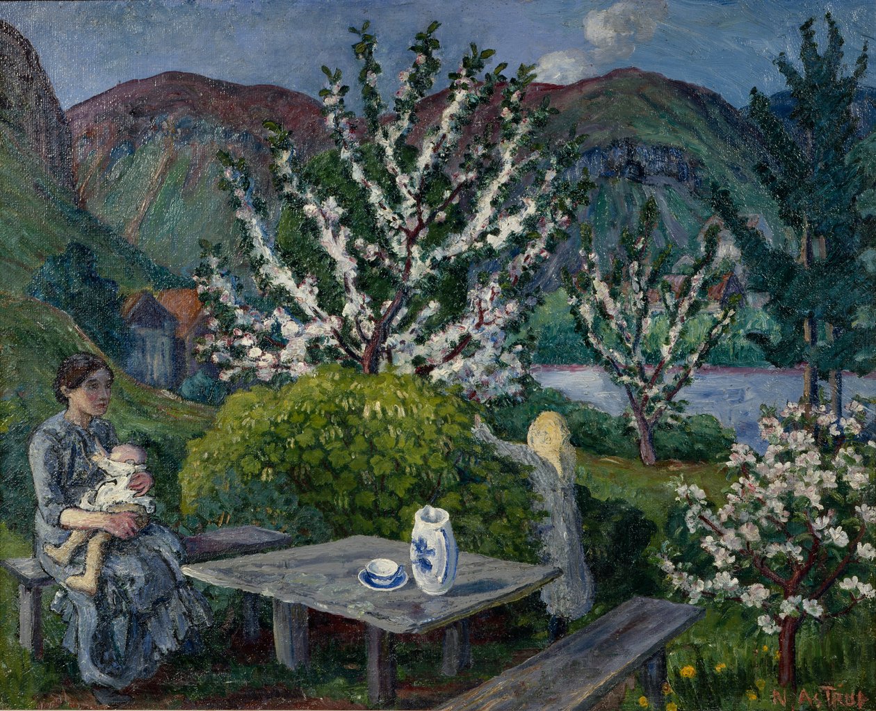 Mor och barn vid trädgårdsbordet (olja på duk) av Nikolai Astrup