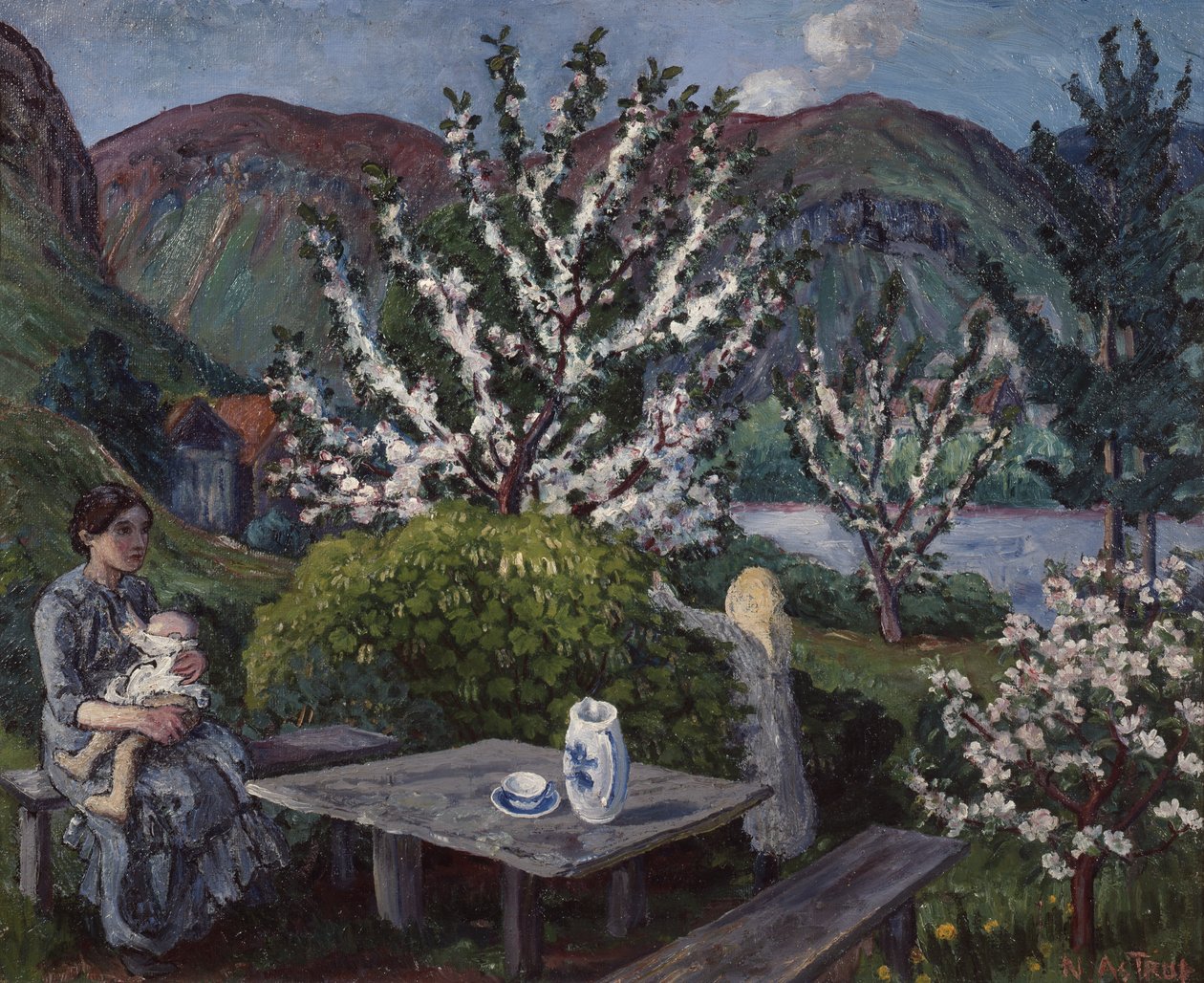 Mor och barn vid trädgårdsbordet av Nikolai Astrup