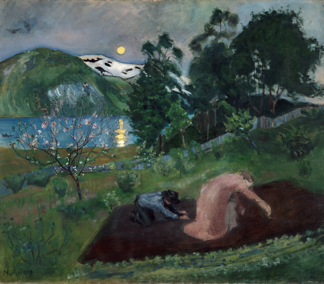 Vårnatt i trädgården (Nattarbete i trädgården) av Nikolai Astrup
