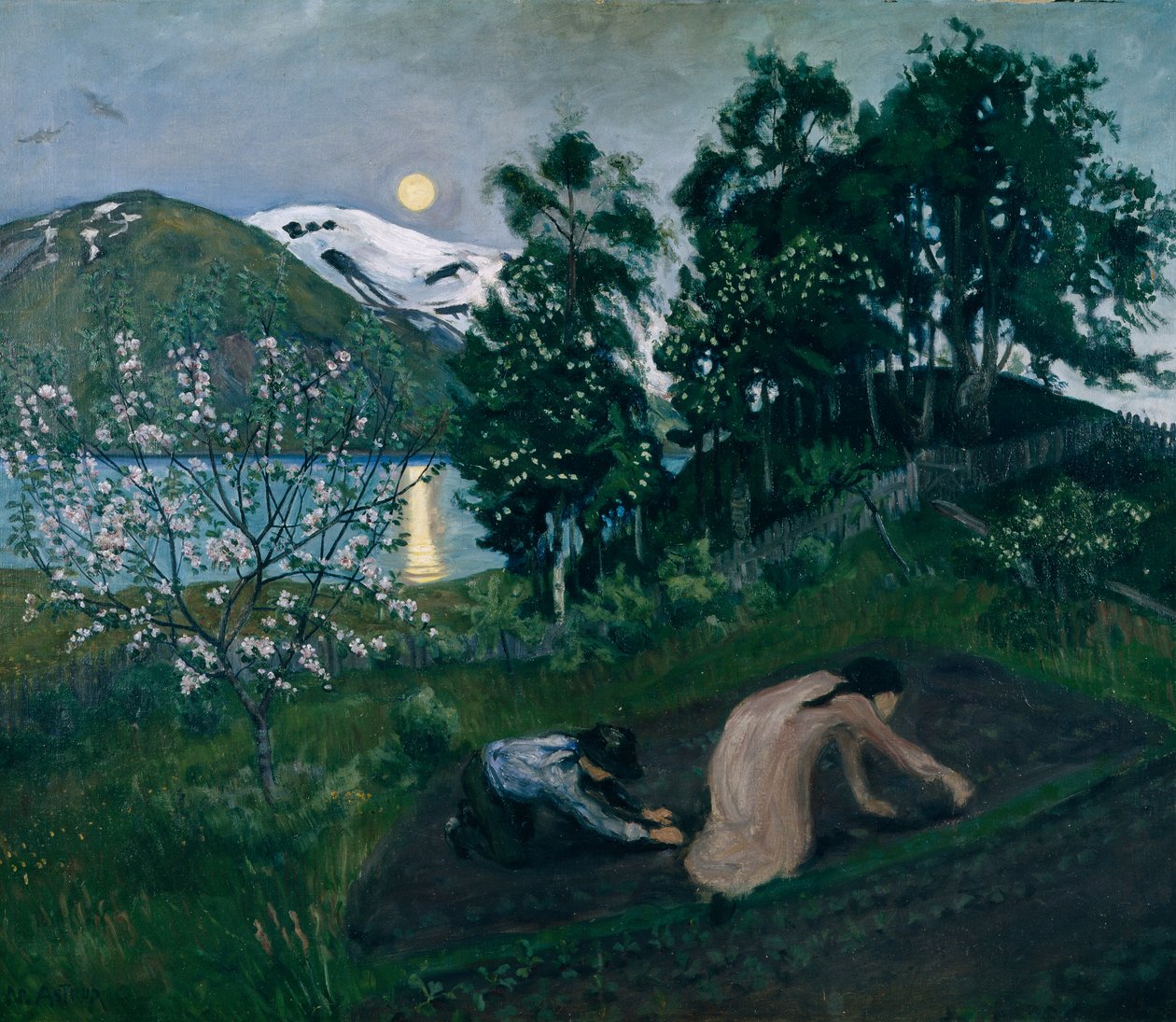 Vårnatt i trädgården, Nattarbete i trädgården av Nikolai Astrup