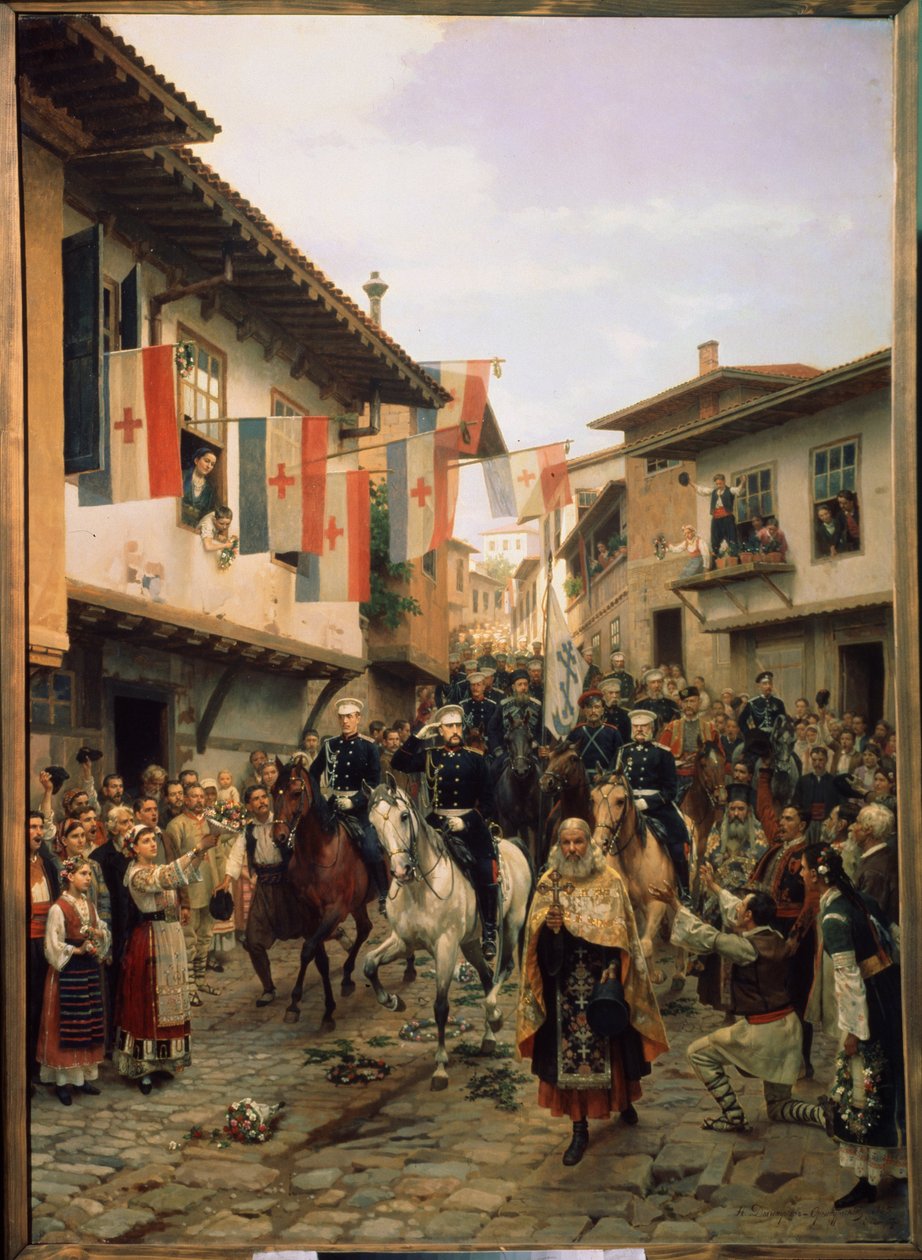 Rysk-turkiska (ryska-turkiska) kriget 1877-1878: "" Storhertigen (storhertigen) Nicholas Nikolaievitch av Ryssland (Nicholas Nicolaievich den äldre) (1831-1891) vid Veliko Tarnovo den 06/03/1877 i Bulgarien" " Målning av Nikolai Dmitrievich Dmitriev Orenbu av Nikolai Dmitrievich Dmitriev Orenburgsky