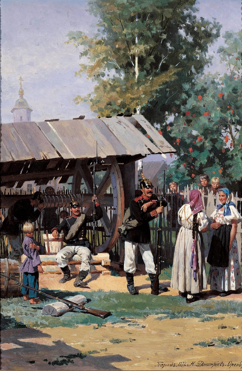 Ryska soldater i en by på landet, 1877 av Nikolai Dmitrievich Dmitriev Orenburgsky