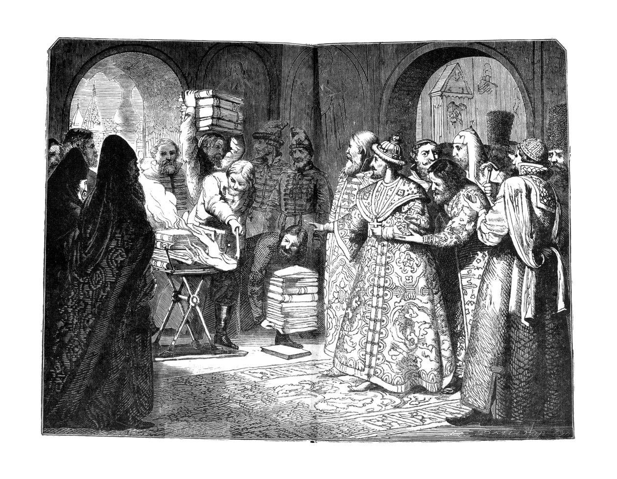 Tsar Fjodor III bränner de ryska adelsböckerna 1682, 1880-talet av Nikolai Dmitrievich Dmitriev Orenburgsky