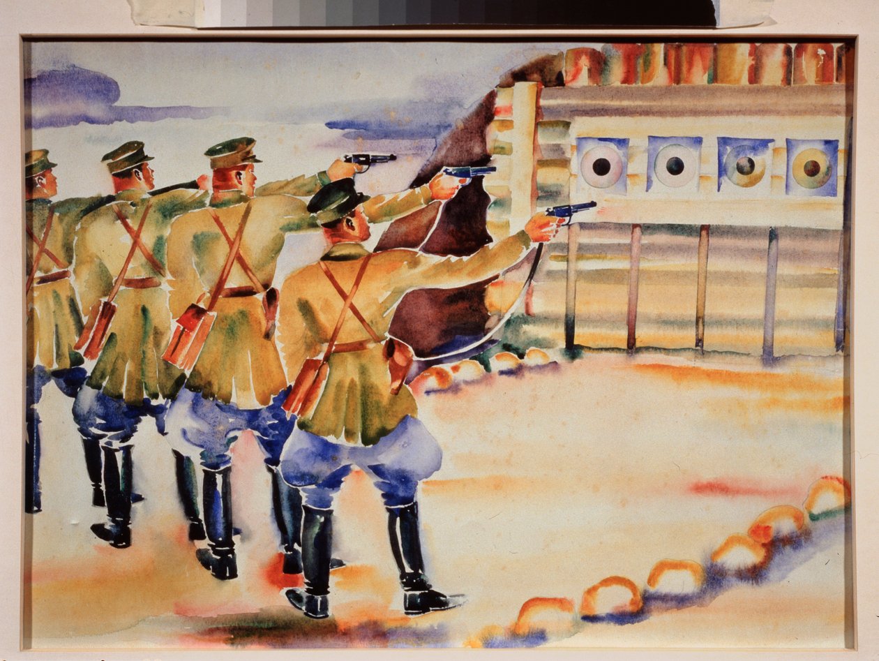 Skjutövningsplatsen (En rad soldater tränar på mål) - En plats för målträning - Verk av Nikolai Dmitrievich Prokhorov (1896-1942), akvarell på papper, omkring 1930 - Rysk konst, 1900-talet, sovjetisk konst - Regional Art Mu av Nikolai Dmitrievich Prokhorov