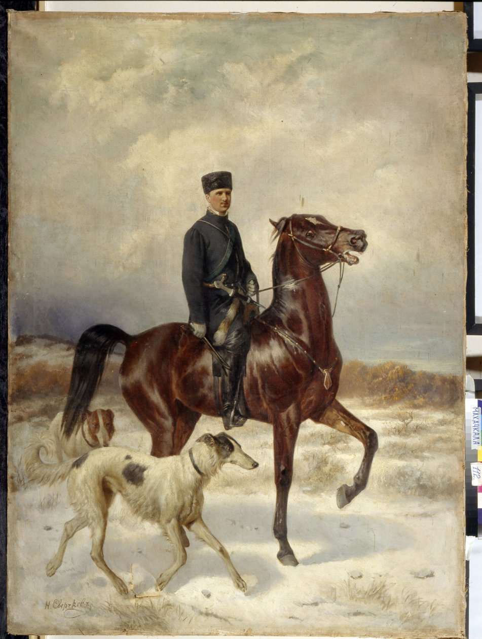 Jägaren (Jägaren). Till häst och i sällskap av sina Barzoi-hundar (rysk vinthund). Målning av Nikolai Yegorovich Sverchkov (Nicolas Swertschkoff) (1817-1898), olja på duk. rysk konst av Nikolai Egorevich Sverchkov