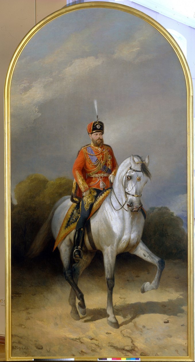 Porträtt av kejsar Alexander III (1845-1894) i uniform av det kejserliga gardets husarregemente. (Porträtt av kejsar Alexander III (1845-1894) i uniformen av Leibgardets husarregemente). Målning av Nikolai Yegorovich Sverchkov av Nikolai Egorevich Sverchkov