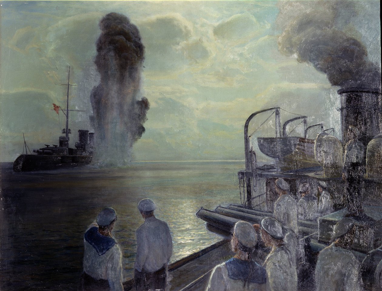 Ryska revolutionen 1917: Den ryska Svartahavsflottan sänker sina egna fartyg den 18 juni 1918. (The self sinking of the Black Sea Fleet den 18 juni 1918). Målning av Nikolai Eviampievich Bublikov (1871-1942), olja på duk av Nikolai Evlampievich Bublikov