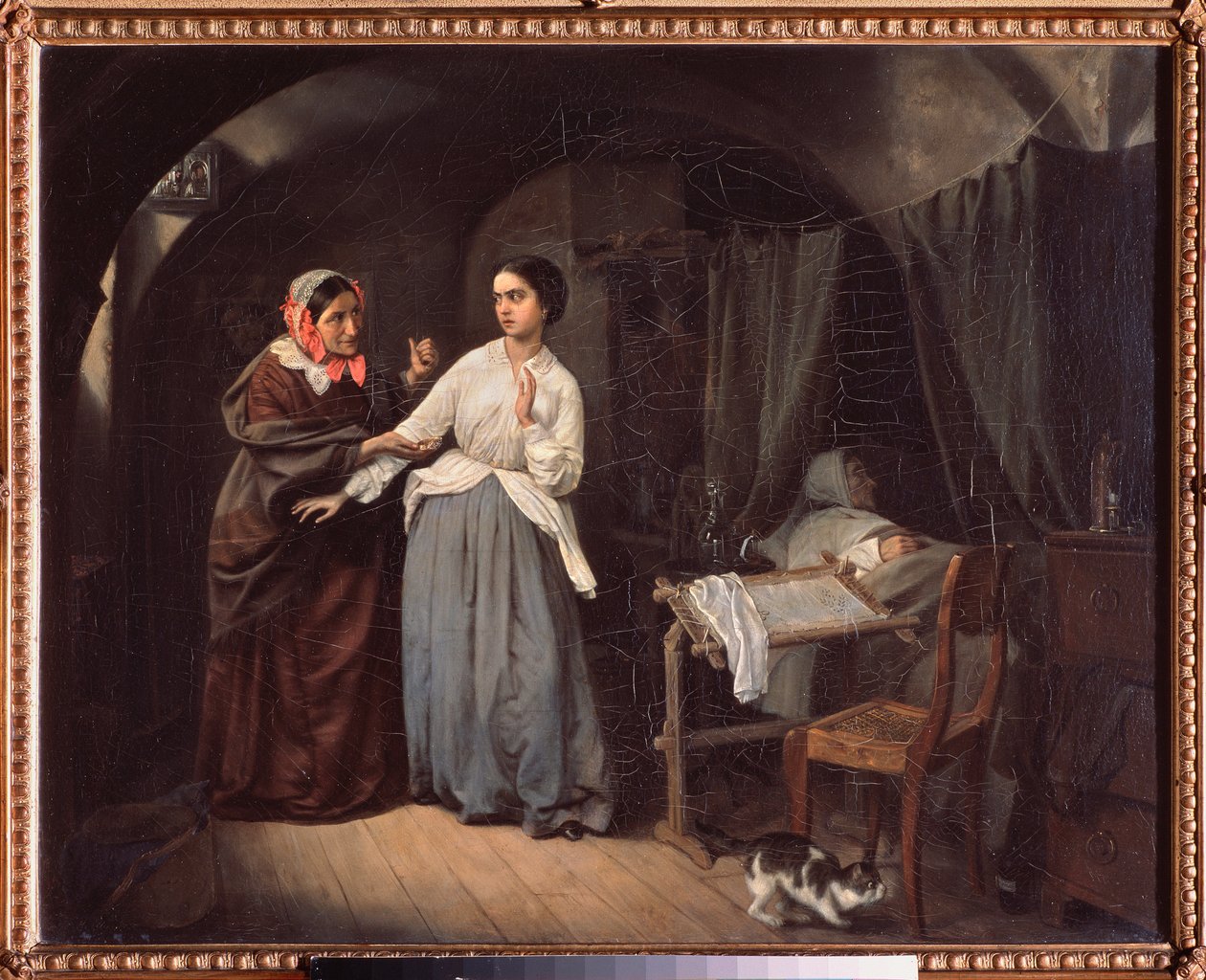 The Seduction, Procuress - Målning av Nikolai Gustavovich Schilder (1828-1898), olja på duk av Nikolai Gustavovich Schilder