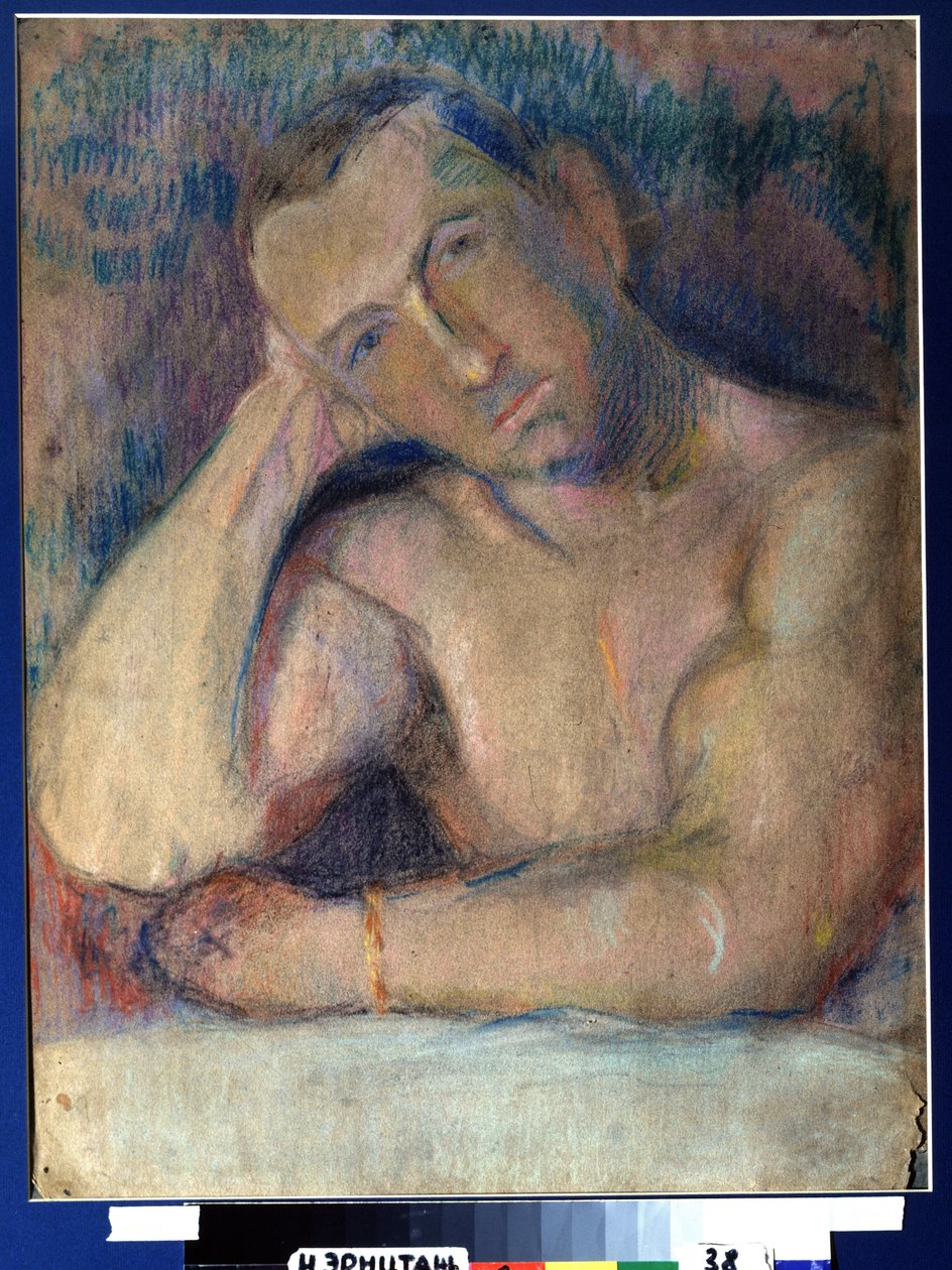 Porträtt av poet Benedikt Livchits (1886-1939) (Porträtt av poeten Benedikt Livshits) - Represente torse nu, la tete penchee, posee dans sa main - Oeuvre de Nikolai Ivanovich Kulbin (Nicolas Koulbine) (1868-1917), pastell på papper av Nikolai Ivanovich Kulbin