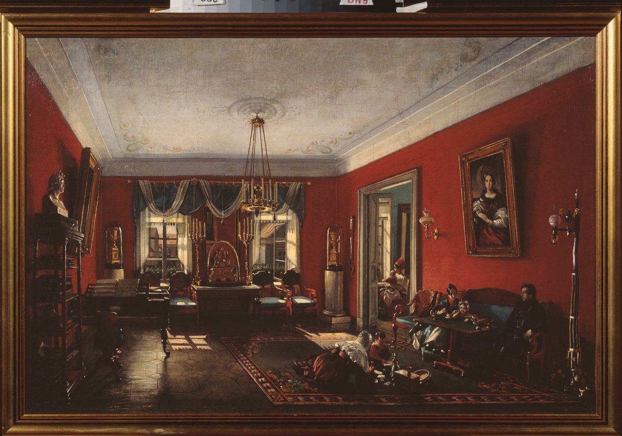 Salongen i Nashchokin-huset i Moskva. (Scen av vardags- och familjeliv) - Salongen i Nashchokin-huset i Moskva - Målning av Nikolai Ivanovich Podklyuchnikov (1813-1877), olja på duk, tidigt 1840 - Rysk konst av Nikolai Ivanovich Podlyuchnikov