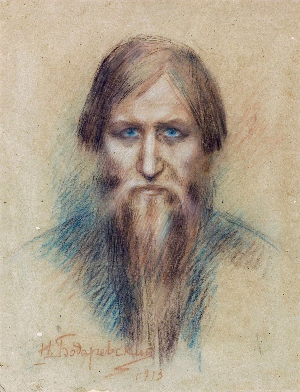 Porträtt av den ryske mystikern Grigori Yefimovich Rasputin (Rasputin av Nikolai K. Bodarevski