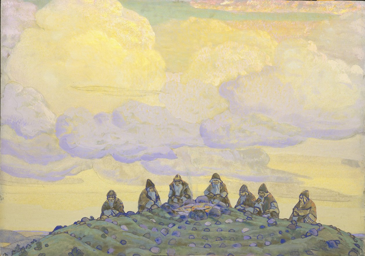 Det stora offret. Scenografi för baletten The Rite of Spring Le Sacre du Printemps av I. Stravinsky, 1910 av Nikolai Konstantinowitsch Roerich