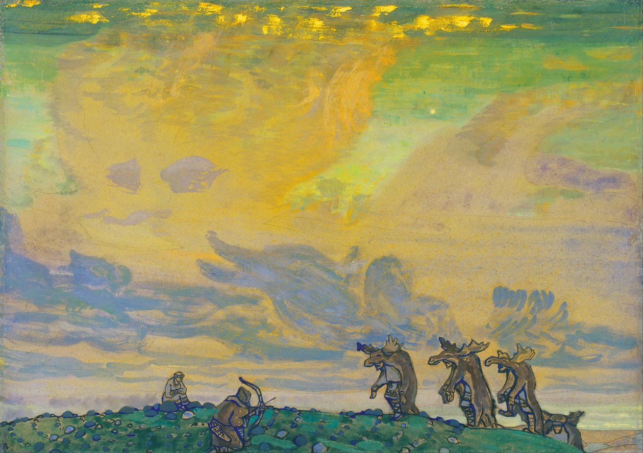 Det stora offret. Scenografi för baletten The Rite of Spring Le Sacre du Printemps av I. Stravinsky, 1910 av Nikolai Konstantinowitsch Roerich