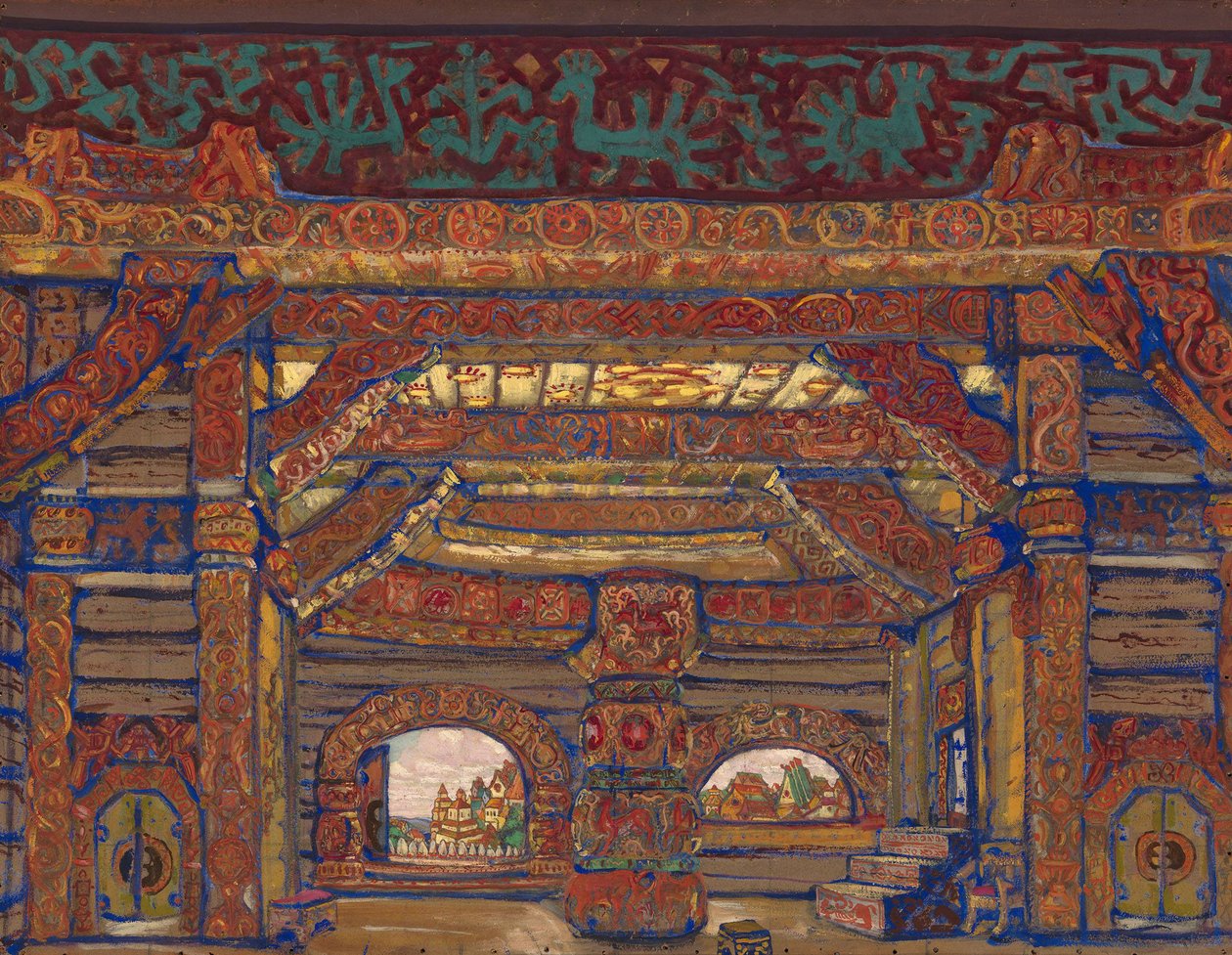 Tsar Berendeys palats. Scenografi för teaterpjäsen Snow Maiden av A. Ostrovsky, 1912 av Nikolai Konstantinowitsch Roerich