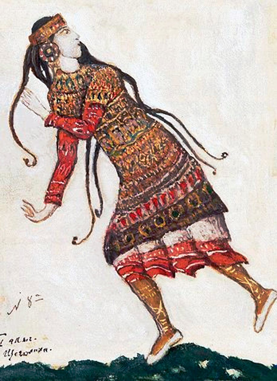 Ultra Fashionabla dam. Kostymdesign för baletten The Rite of Spring Le Sacre du Printemps av I. Stravinsky, 1912 av Nikolai Konstantinowitsch Roerich