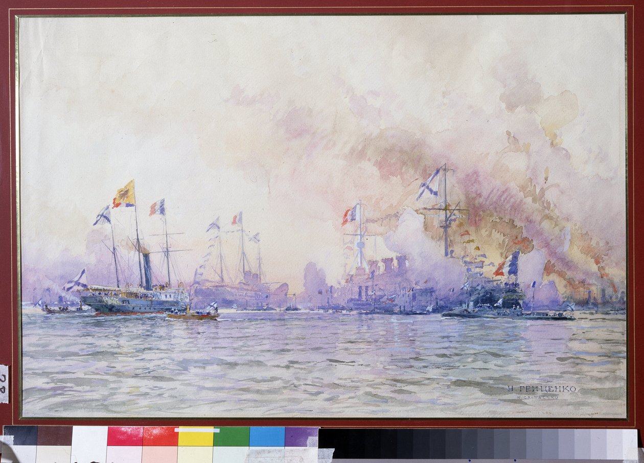 Den franska skvadronens ankomst till Krondstadt 1893. Maritimt landskap, med realistisk beskrivning av de franska sjöstyrkorna (krigsfartyg, fregatter och korvetter), efter den fransk-ryska alliansen av Nikolai Nikolaevich Gritsenko